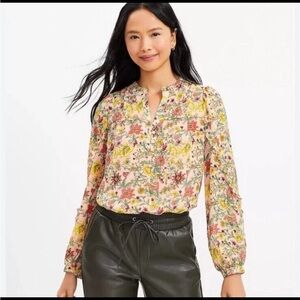 LOFT NWT❗️Garden Ruffle Nevk Split-Neck Long-Sleeve Peasant Blouse Floral